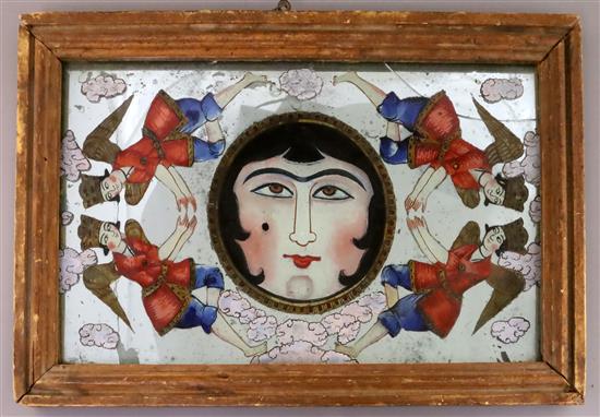 A 19th century Qajar painted and reverse painted mirror, 9.75 x 16.5in., cracked